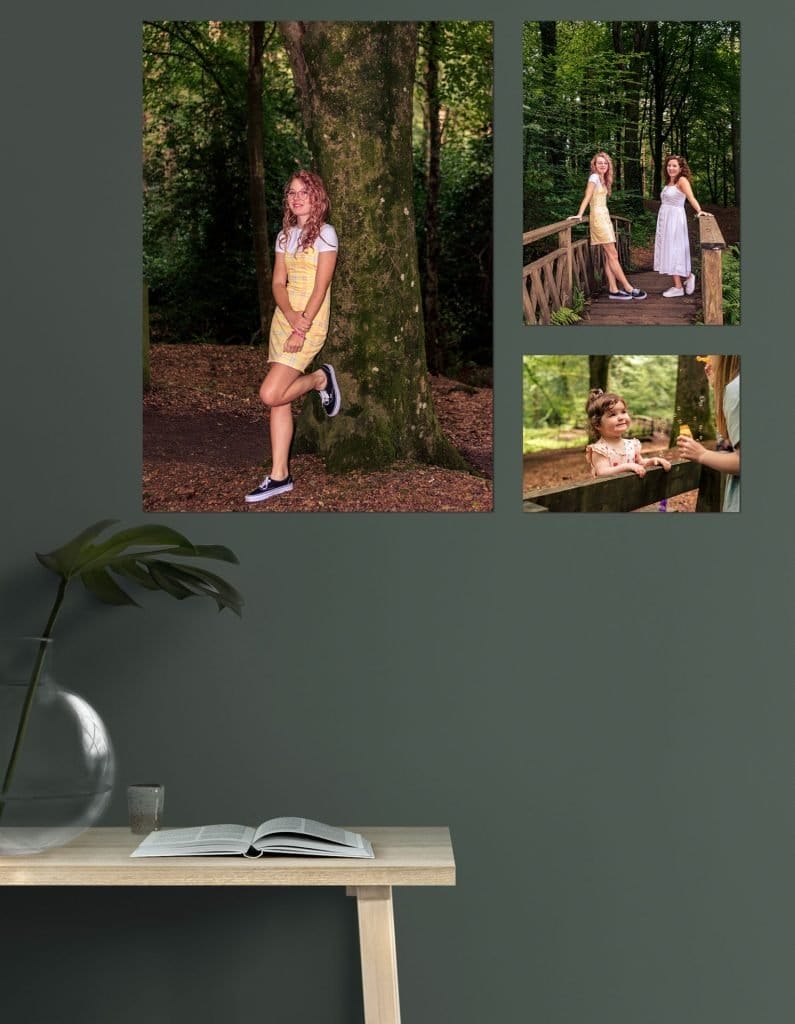 Four product pictures featuring a girl in a yellow dress displayed on a table.