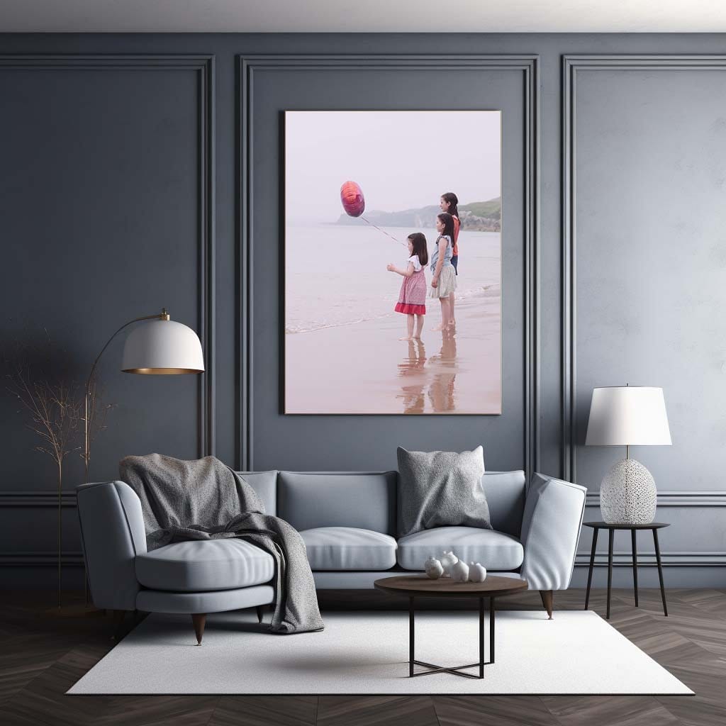 Family Photographer A living room with a picture of a girl playing with a balloon.