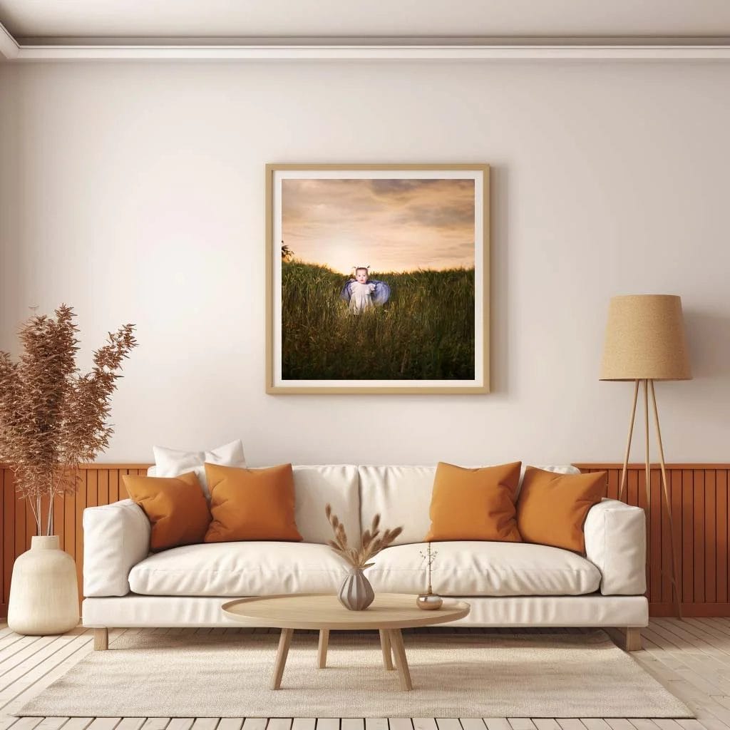 Family Photographer A living room with a framed picture of a woman in a grassy field.